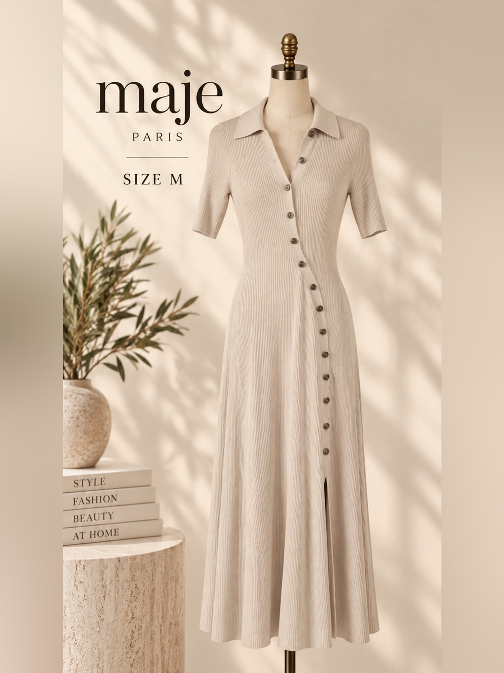 Maje Ribbed Viscose Button Front Midi Dress Beige Size M